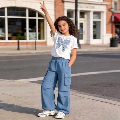 Voxikodex Girls Clothes 2 Piece Cute Butterfly Print T-Shirt Tops & Cargo Pants Spring Summer Outfits Teen Tween Girls 9-14Y thumbnail 3