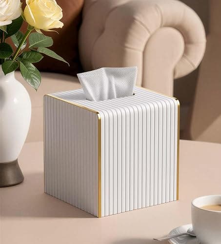 Tissue Box Cover Square with Magnetic Closure, PU Leather Tissue Box Holder with Gold-Tone Edging for Bathroom Vanity Countertop Night Stands Bedroom Office Desk, Modern Home Decor (Cream White) thumbnail 2
