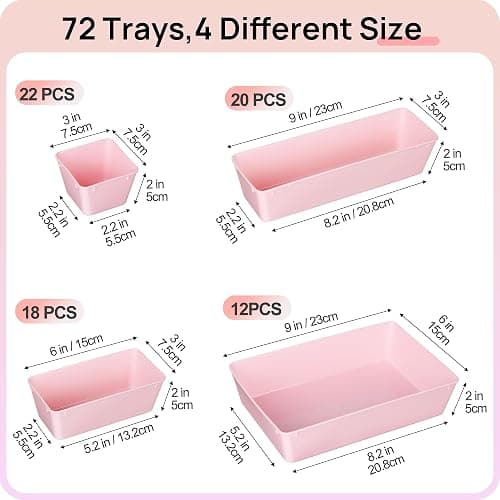 Vtopmart 72 PCS Plastic Drawer Organizers Set, 4-Size Versatile Bathroom and Vanity Organizer Trays, Non-Slip Storage Bins for Makeup, Jewelries, Kitchen Utensils and Office Desk, Pink thumbnail 2