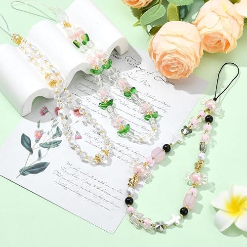 BEEFLYING Beaded Phone Charm Wrist Straps Y2K Phone Bracelet Lanyard, Cute Cyrstal Butterfly Flower Cellphone Wristlet Strap for Keychain Bag Charm thumbnail 6