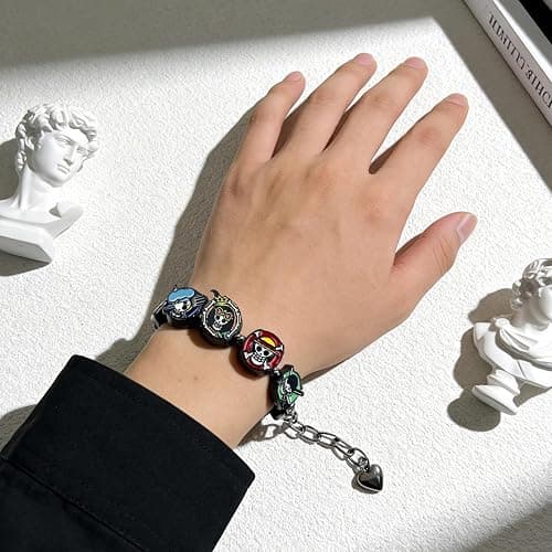 AmaaLeaf OP Charm Bracelet Gift Set 9 Anime-Style Mini Chibi Skull Faces, Luffy, Zoro, Nami, Sanji, Usopp, Robin & More, Removable Alloy Chain for Fans thumbnail 6