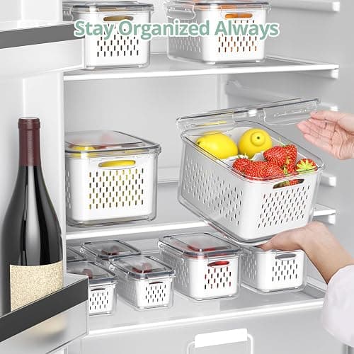 Fruit Storage Containers for Fridge with Removable Colander, 8 Pack Fruit Containers for Fridge with 2 Function Divider Plate, Airtight Storage Container to Keep Berry Fruit Fresh, Dishwasher Safe thumbnail 6
