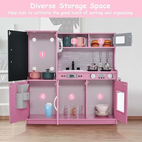 HONEY JOY Pink Kids Kitchen Playset, Wooden Little Chef Pretend Toy Kitchen Set w/Chalkboard, Telephone, Utensils, Oven, Microwave, Sink, Play Kitchen for Toddlers, Gift for Boys Girls, Pink thumbnail 7