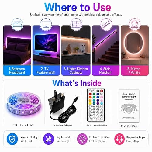 shalaker 20M RGB LED Strip Lights for Bedroom, Music Sync Colour Changing LED Tape with Bluetooth App & Remote, 16M Colours, Dimmable, Timing Mode, Self-Adhesive for Home Party Kitchen Decor thumbnail 9