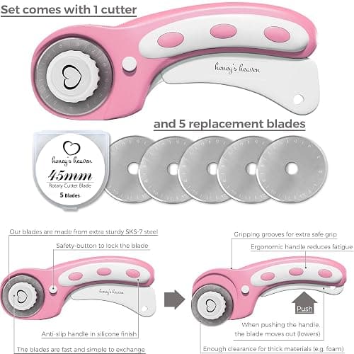 Rotary Cutter Set pink - Quilting Kit incl. 45mm Fabric Cutter, 5 Replacement Blades, A3 Cutting Mat, Acrylic Ruler and Craft Clips - Ideal for Crafting, Sewing, Patchworking, Crochet & Knitting y thumbnail 3