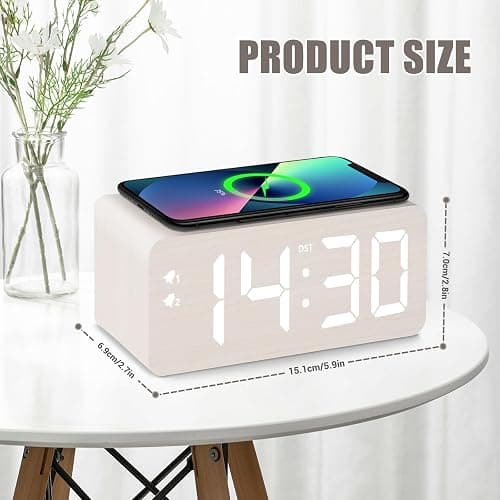 URAYCO Wooden Digital Alarm Clock, 10W Fast Wireless Charger Station & 2 USB Charging Ports, with 0~99% Dimmer, Dual Alarm, Weekday/Weekend Mode, Wood LED Clock for Bedroom, Desk, Office thumbnail 2