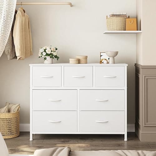 OLIXIS 7 Drawer Fabric Dresser, Storage Tower for Bedroom and Closet | White Easy-Pull Bins for Closet Organizers, Chest of Drawers with Sturdy Steel Frame & Wooden Top for Living Room, Entryway thumbnail 2