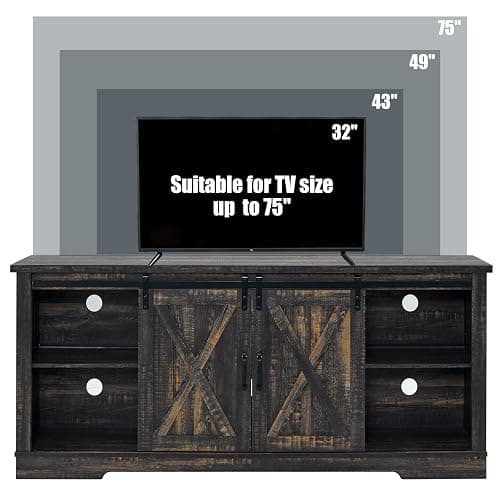 AMERLIFE 66" Farmhouse TV Stand for 75 Inches TVs, Entertainment Center with Sliding Barn Door and Adjustable Shelf & Feet, Console Table with Storage, Dark Rustic Oak thumbnail 7