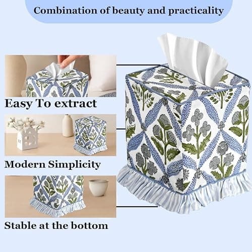 Ridhi Light Steel Blue Block Print Ruffle Tissue Box Cover Handmade Cotton Decorative Square Napkin Holder for Home Bedroom Living Room Bathroom Vanity Countertop Car Office Kitchen thumbnail 3