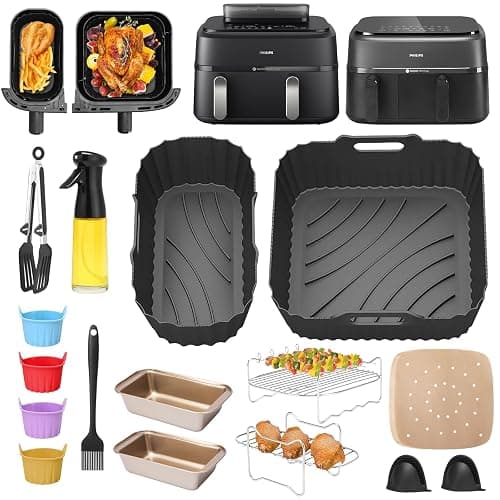 ENSINE Air Fryer Accessories for Philips Dual Basket Air Fryer 3000 Series,Compatible with Philips 5000 Series, Included Silicone Liners,Racks, Muffin Cups,loaf Tins,Food Tongs, Paper Liners,Gloves. - Image 1