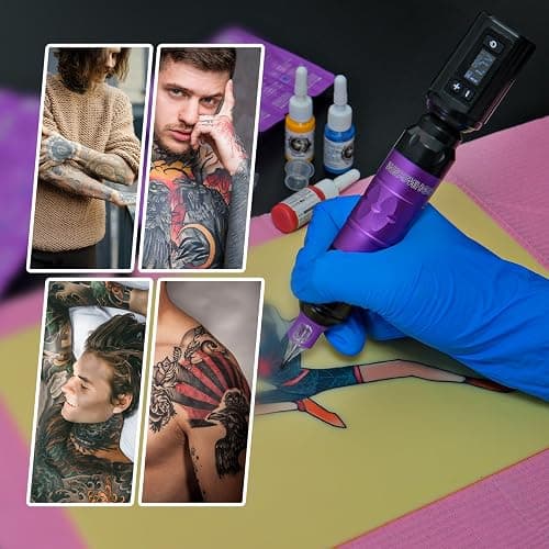 Wormhole Tattoo Gun Tattoo Kit with Wireless Tattoo Machine, 2PCS 1,200mAh Capacity Tattoo Batteries, 20 Cartridge Needles with Finger Ledge, Ink Color Set for Artists-Purple thumbnail 8