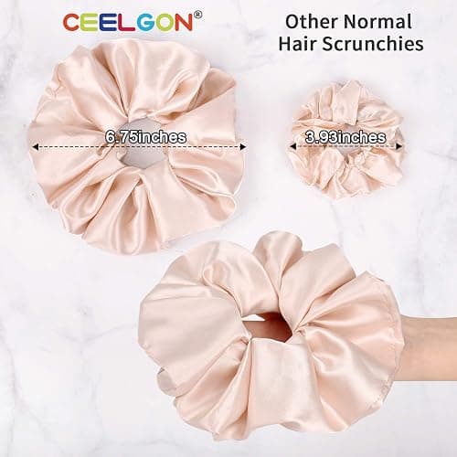 CEELGON Big Real Silk Scrunchies for Hair Satin Oversized for Sleep Large Scrunchie for Curly Hair Silk Thick Elastic Hair Ties Jumbo Hair Scrunchies 6 Pack (black, champagne, pink,khaki, blue, shell pink) thumbnail 2