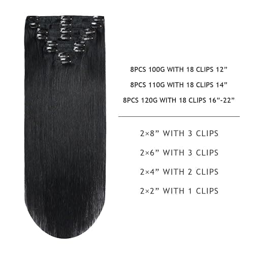YILITE Clip in Extensions Echthaar 35cm 100% Echthaar Extensions Clip 14 Zoll 8 Stück 110g Unsichtbar Glatt Zum Anklippen Menschenhaar Doppelt Genäht (35cm #1 Tief Schwarz) thumbnail 2