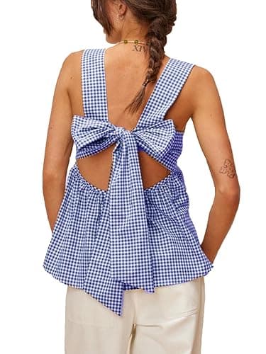 Amiblvowa Women Gingham Peplum Tank Square Neck Babydoll Tops Y2K Cute Bow Tie Back Sleeveless Vest Shirt Going Out Top - Image 1