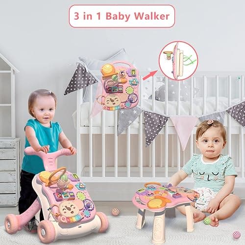QDRAGON 3 in 1 Baby Walker and Activity Center for Girl, Learning to Walk, Sit to Stand, Early Educational Push Toys with Music Panel for Infant Toddler 12+ Months Pink thumbnail 3