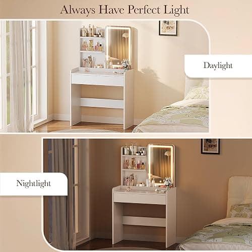 Memobarco Small Vanity Desk with Mirror and Lights, Makeup Vanity with Drawer & Storage Shelves, Vanity Desk with 3 Lighting Modes & Adjustable Brightness, Dressing Table for Women Girls Bedroom,White thumbnail 7