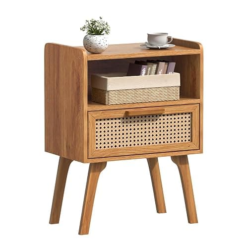Lerliuo Rattan Nightstand, Side Table with Drawer Open Shelf | Bedside End Table with Solid Wood Legs, Mid Century Modern Night Stand for Bedroom, Dorm and Small Spaces (Tea Brown) - Image 1