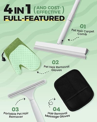 Carpet Rake for Pet Hair Removal Tool - 4 in 1 Pet Hair Remover Kit for Dog Cat Fur Remover, Contain 60" Adjustable Rubber Broom, Glove, Magic Brush and Scraper for Furniture,Short Pile Carpets, Mats thumbnail 9