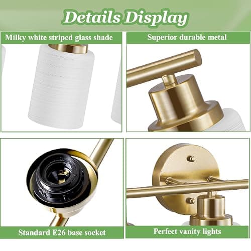 Guliaofo 3-Light Bathroom Light Fixtures, Vanity Lights for Mirror with Textured Milky White Glass Shade, Modern Kitchen Light Fixtures Wall Sconce Light - E26 Base - Brushed Gold thumbnail 5