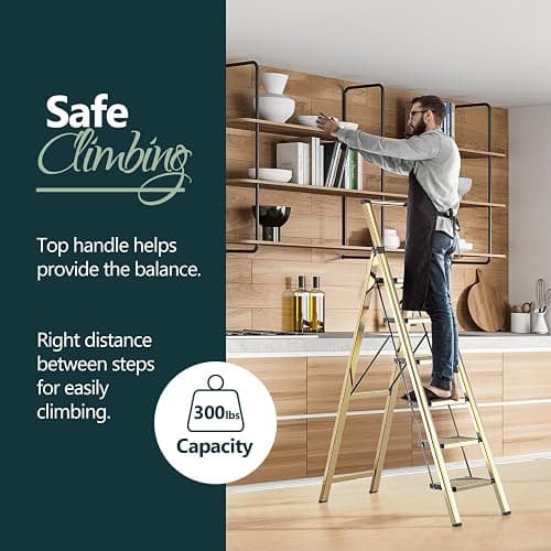 WOA WOA 6 Step Ladder, Lightweight Folding Ladder with Non-Slip Wide Pedals, Ladder with Safe Grip Handle, Easy to Open and Close, Suitable for Home and Outdoor - Brown Gold - 6 step - Brown Gold thumbnail 4