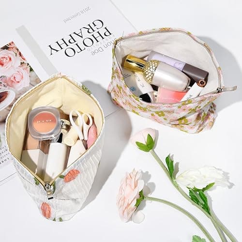 SOIDRAM 2 Pieces Flower Makeup Bag Large Floral Cosmetic Bag Capacity Canvas Travel Toiletry Bag Organizer Cute Makeup Brushes Aesthetic Accessories Storage Bag for Women, Embossed flower L White Pink thumbnail 2