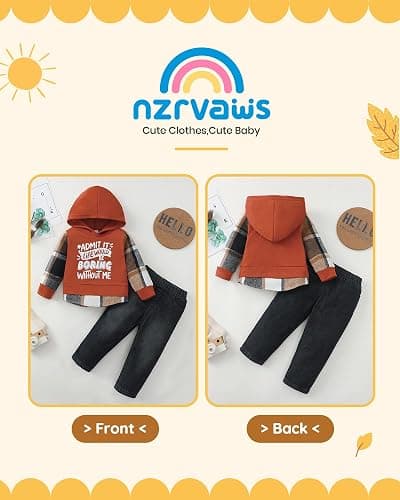NZRVAWS Toddler Baby Boy Clothes Letter Printed Plaid Hoodie Shirt Denim Ripped Jean Pants Infant Fall Winter Outfits 6M-8T thumbnail 3