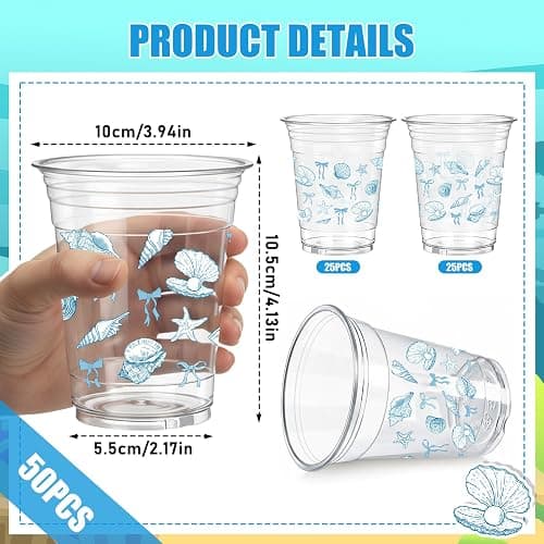 Rngmsi Blue Bow Plastic Cups - 50 Pcs Starfish Seashell Beach Clear Disposable Cups, 12 OZ Summer Ocean Party Decor for Blue Bachelorette Birthday, Mermaid Party Favor Supplies thumbnail 3