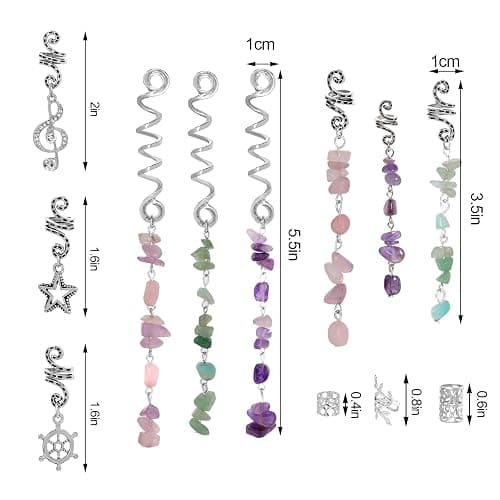 40Pcs Natural Colored Crystal Stone Hair Accessories, hoyuwak Metal Hair Charms, Silver Loc Dreadlock Spirals, Cuffs & Rings for Women's Hairstyles thumbnail 2