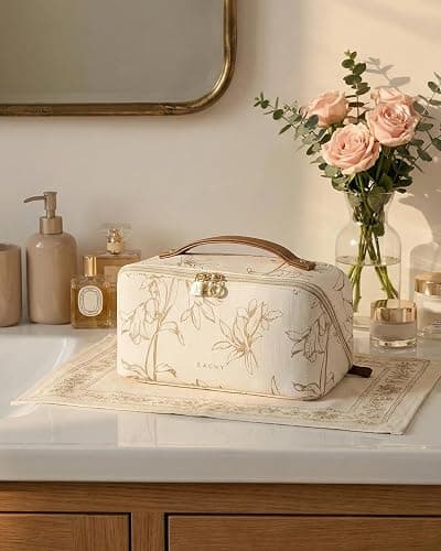 EACHY Travel Makeup Bag, Large Capacity Cosmetic Bags for Women, Waterproof Portable Pouch Open Flat Toiletry Bag Pattern Make up Bag (F-Beige) thumbnail 9