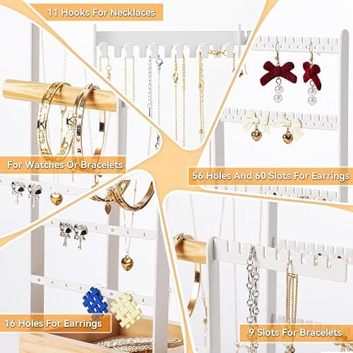 DreamGenius Jewelry Organizer Stand with Velvet Ring Holder, 4 Tier Jewelry Holder Organizer with 11 Hooks for Necklaces and 132 Holes for Earrings, White thumbnail 7