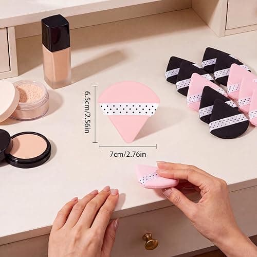 12 Pack Powder Puffs Triangle with Polka Dot Ribbon, Pink Black Velour | Soft Triangle Makeup Puff Face Setting Powder Sponge for Loose Powder Setting or Concealer Sponge thumbnail 2