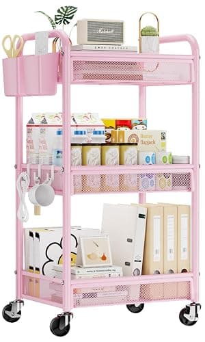 YASONIC 3 Tier Rolling Cart – Metal Utility Storage Cart with Wheels, Craft Cart Organizer with Hanging Cups, Hooks, Mesh Basket for Bedside Kitchen Office Art, Pink - Image 1