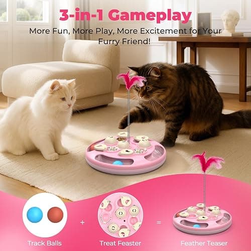 CGBD 3 in 1 Cat Treat Puzzle Feeder, Level 3 Interactive Cat Puzzle Toy with Track Balls, Feather Teaser & Slow Feeder Insert, Non-Slip Base, Mental Stimulation for Bored Indoor Cats, Pink thumbnail 3