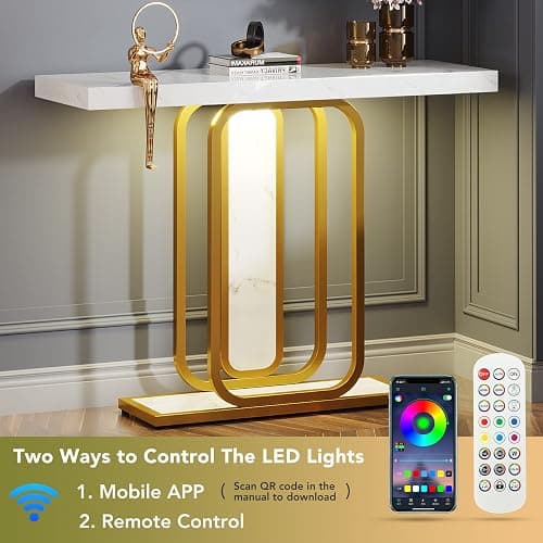 Tribesigns Modern Gold White Console Table with LED Lights, 41.3 Inch Entryway Hallway Foyer Accent Table with Faux Marble Veneer for Living Room, Entrance thumbnail 6