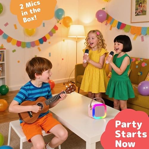 Fede Karaoke Machine for Kids Adults, Mini Karaoke Machine with 2 Wireless Microphones, Portable Bluetooth Speaker with Voice Changing Effects & LED Lights, Best Gifts Toys for Girls and Boys thumbnail 2
