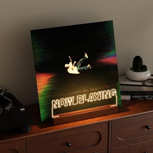 CoolGift Mart Now Playing Vinyl Record Stand, Light up Record Holder, Wooden Acrylic Display with Warm White Lights for Albums, Room Decor, for Vinyl Lovers thumbnail 4