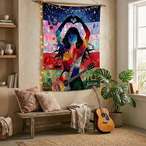 Pop Music Icon Wall Art Tapestry Poster - Heart Hand & Guitar Design | Hanging for Girls Room Decor, Teen Fan Gifts, Music Lover Bedroom & Party Backdrop - 39"x59" thumbnail 2