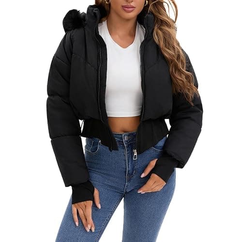 bawilom Womens Winter Cropped Puffer Jacket Long Sleeve Oversized Stand Collar Zip-Up Short Coats with Faux Fur Hood Outwear thumbnail 3