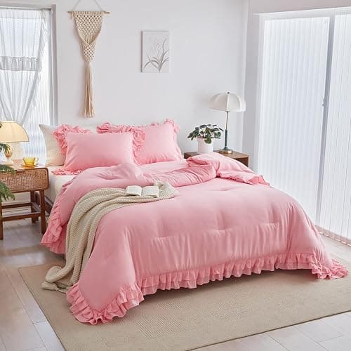 Pink Ruffled Comforter Set Twin Size, 3 Pieces (1 Ruffled Comforter and 2 Pillowcases) Farmhouse Shabby Chic Style with 2 Layers Ruffle, Solid Color Lightweight Soft Fluffy Bedding Sets for Girls - Pink - Twin (1 Comforter + 2 Pillow Shams) thumbnail 2