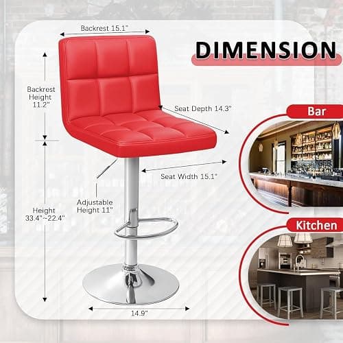Homall Bar Stools Modern PU Leather Adjustable Swivel Barstools, Armless Hydraulic Kitchen Counter Bar Stool Extra Height Square Island Barstool with Back Set of 2 (Leather, Red) thumbnail 3