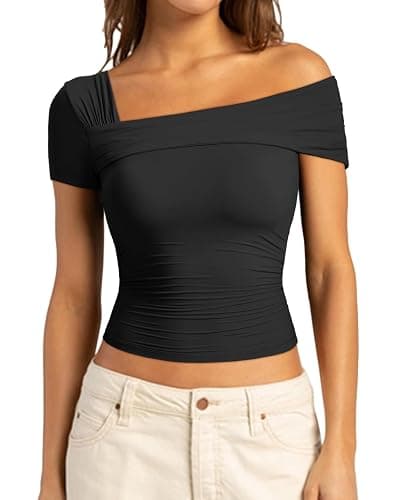 SUUKSESS Women One Off The Shoulder Summer Tank Tops Ruched Short Sleeve Shirts - Image 1