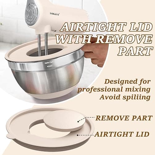 Umite Chef Mixing Bowls with Airtight Lids Set, 8PCS Stainless Steel Khaki Nesting Bowls with Grater Attachments, Kitchen Bowls with Non-Slip Bottoms, Size 5, 4, 3.5, 2, 1.5QT for Mixing & Serving - Khaki thumbnail 6