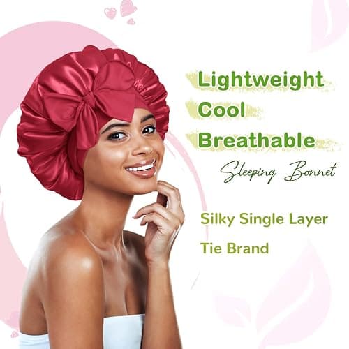 BONNET QUEEN Satin Bonnet Silk Bonnet for Sleeping Women Hair Bonnet Night Sleep Cap Scarf Wrap for Curly Hair with Tie Band Red Burgundy thumbnail 2