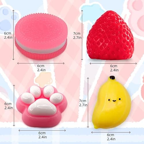 Taba Squishy Toy Set, Sensory Squeeze Fidget Toys for Stress Relief and Anxiety, Cute Party Favors and Gift Ideas, Includes Banana Strawberry Cat Paw and Cookie thumbnail 3