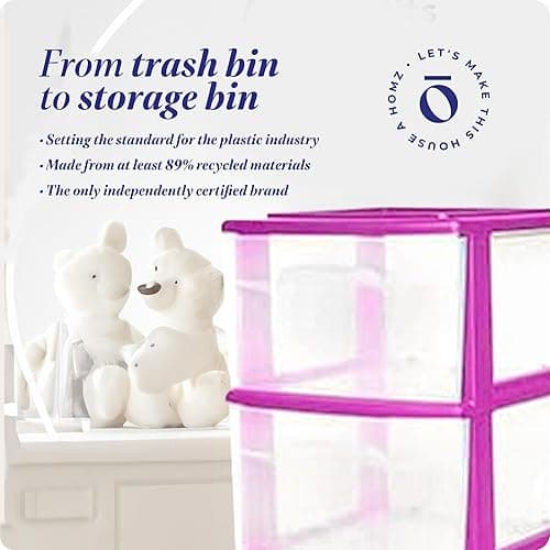 HOMZ Drawer Tower, 3-Tier Clear Plastic Storage Organizer Cart, Purple Frame - Rolling Drawer Containers with Wheels for Bathroom, Bedroom, Office, and Classroom Organization - Purple - 1 Pack thumbnail 7
