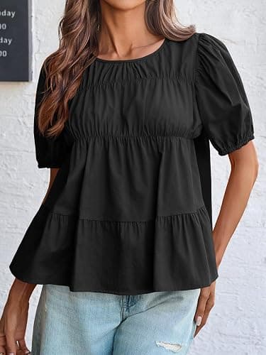 Tankaneo Womens Puff Sleeve Peplum Babydoll Tops Summer Smoked Pleated Cotton T-Shirts Casual Loose Fit Flowy Blouse thumbnail 6