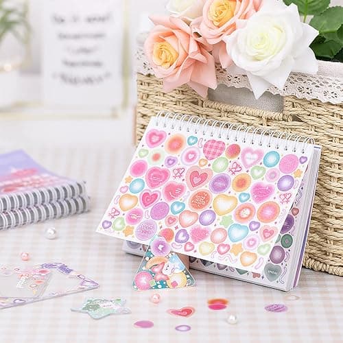 Doraking Colorful Sticker Book, 50 Sheets Shiny Love Bubble Heart Butterfly Ribbon Cute Stickers for Junk Journal Arts Craft Greeting Cards Scrapbook Supplies Home Decoration, DIY Deco Stickers (A) thumbnail 9