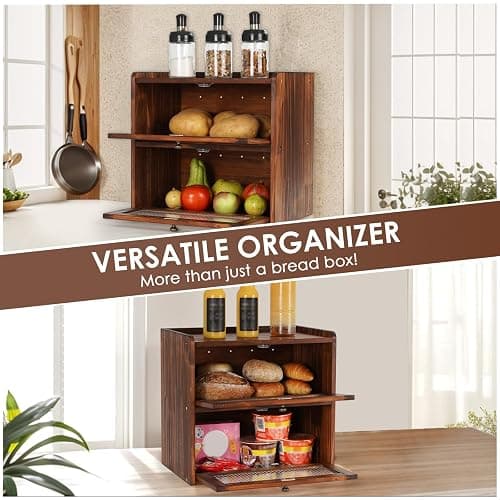 Sunhoo Bread Box for Kitchen Countertop Wooden Bread Storage Container Bin 2 Layer Breadbox Holder Large Capacity Keeper Vintage Farmhouse Food Organizer Pantry Shelf Acrylic Window (Brown) thumbnail 6
