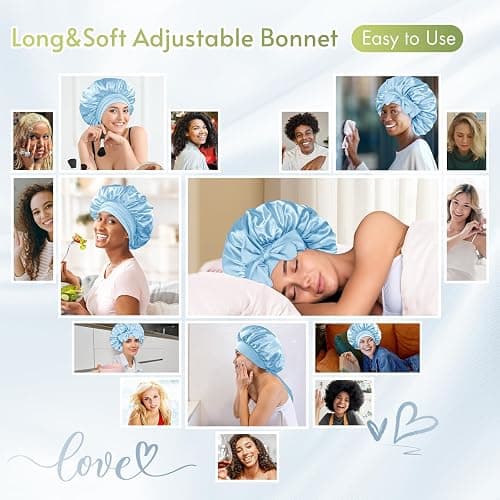 BONNET QUEEN Silk Satin Bonnet for Sleeping Women Adjustable for Curly Dryer Braid Wig Hair Tie Band Night Sleep Hat Cap Loc Soft Elastic M Azul thumbnail 4