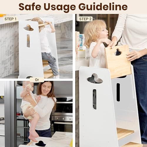 COSYLAND Toddler Standing Tower Adjustable Height - Super Stable Kids Kitchen Stool Helper - 3 Levels Adjustable Wooden Toddler Kitchen Stool (Natural & White) thumbnail 6
